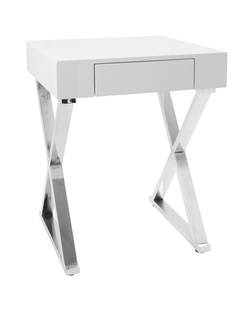 Luster Contemporary Side Table in White and Chrome