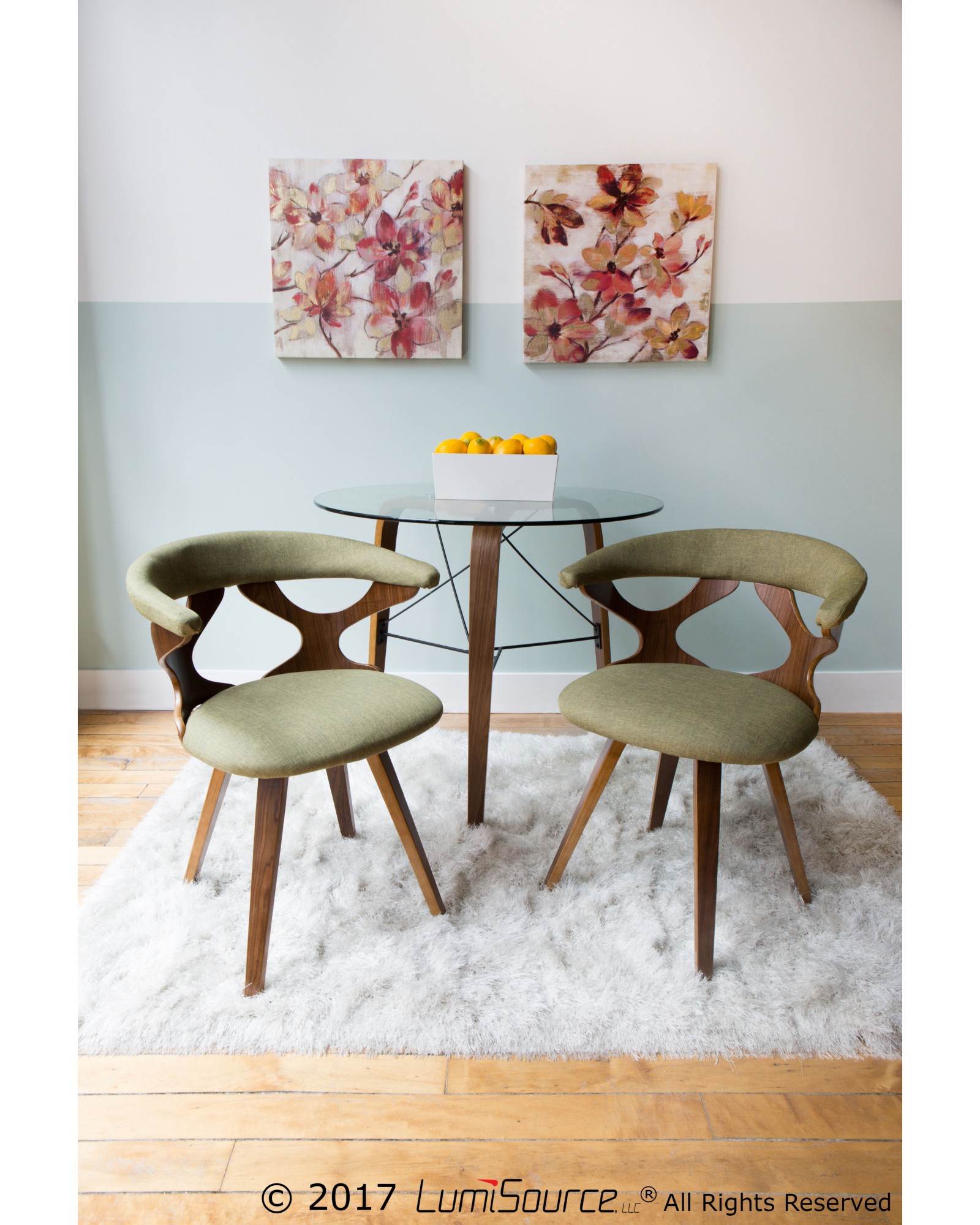 Trilogy Contemporary Round Dining Table in Walnut Wood and Clear Glass