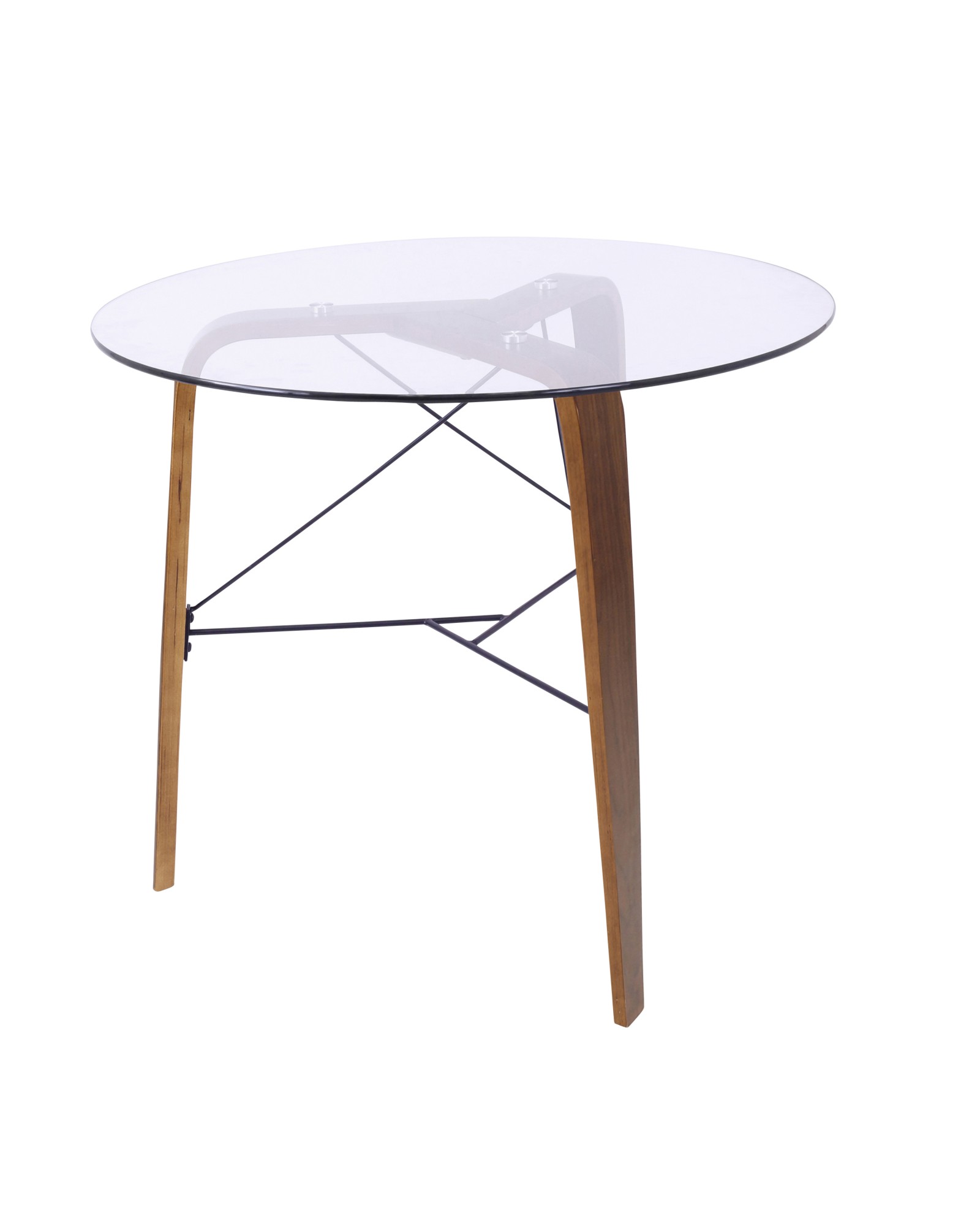 Trilogy Contemporary Round Dining Table in Walnut Wood and Clear Glass