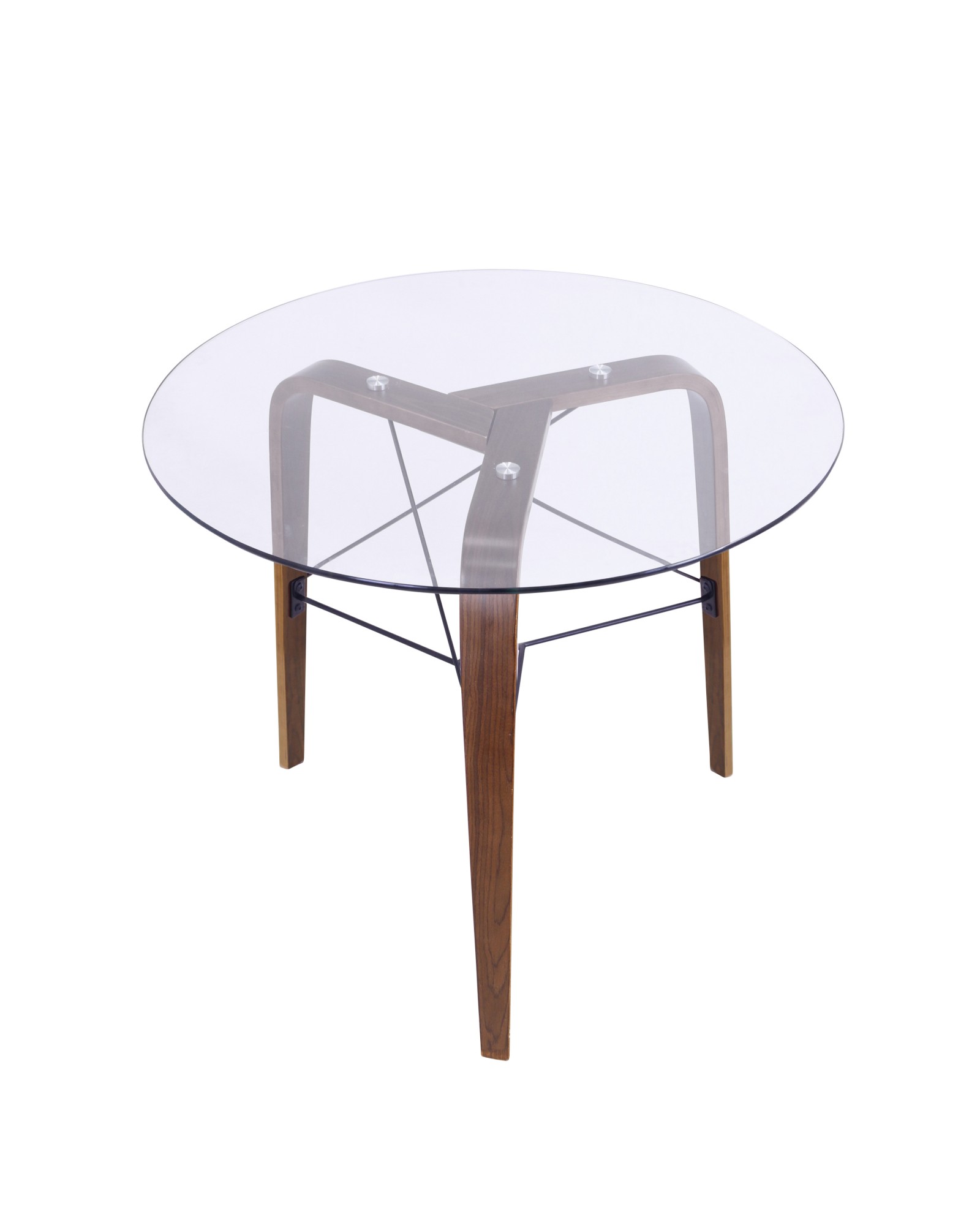 Trilogy Contemporary Round Dining Table in Walnut Wood and Clear Glass