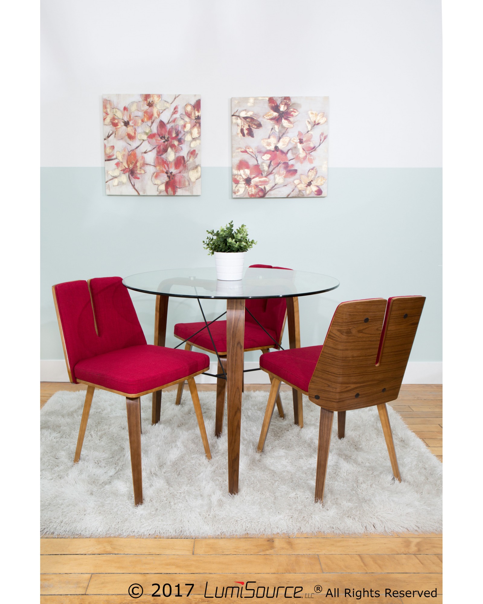 Trilogy Contemporary Round Dining Table in Walnut Wood and Clear Glass