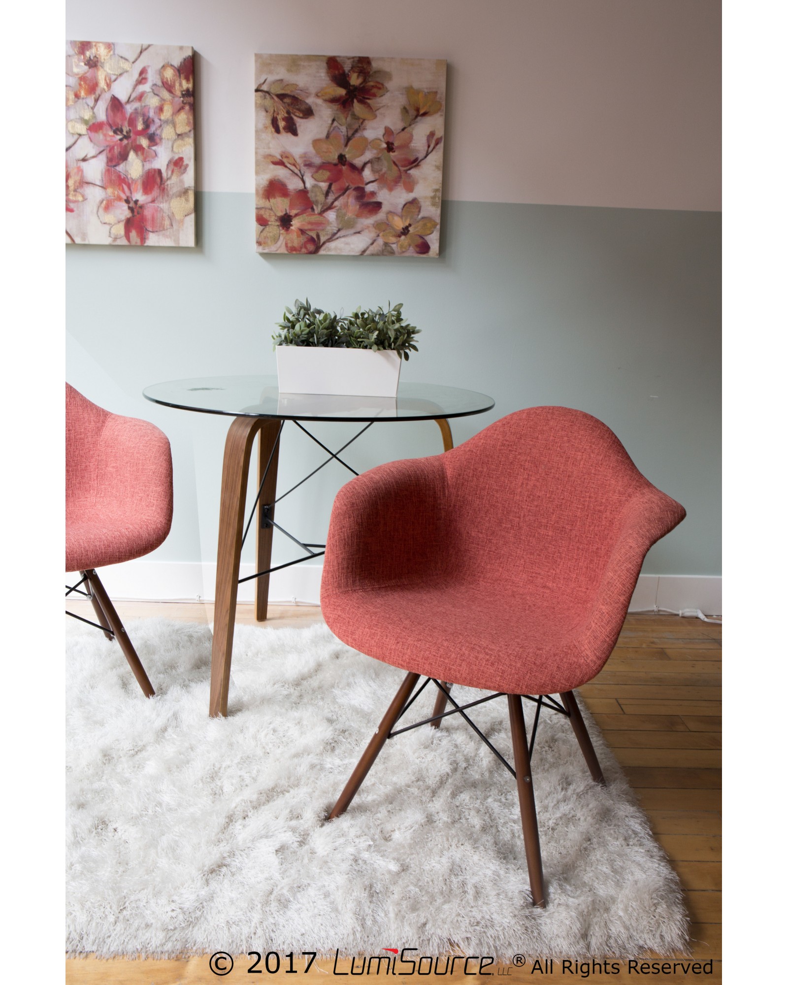 Trilogy Contemporary Round Dining Table in Walnut Wood and Clear Glass