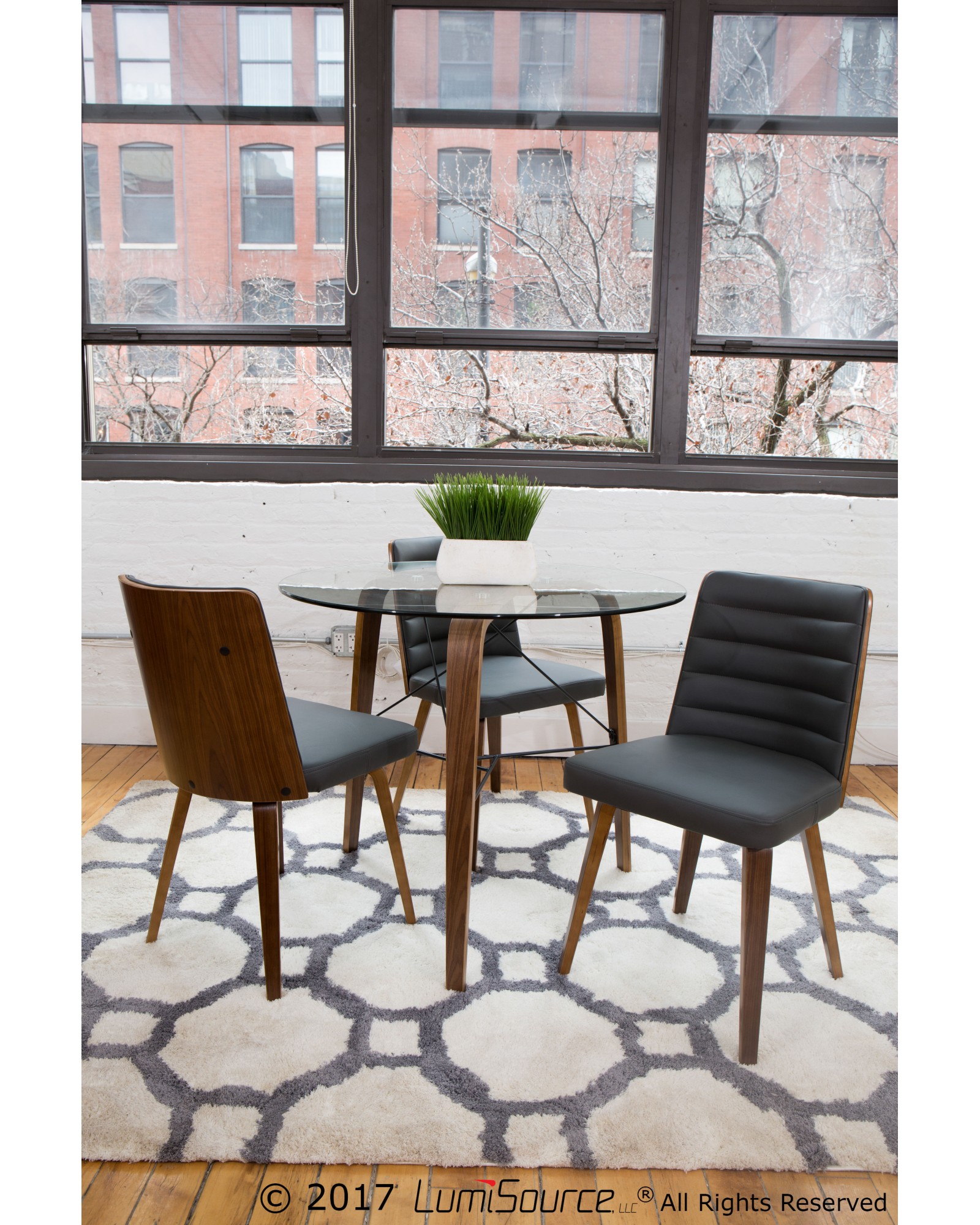 Trilogy Contemporary Round Dining Table in Walnut Wood and Clear Glass