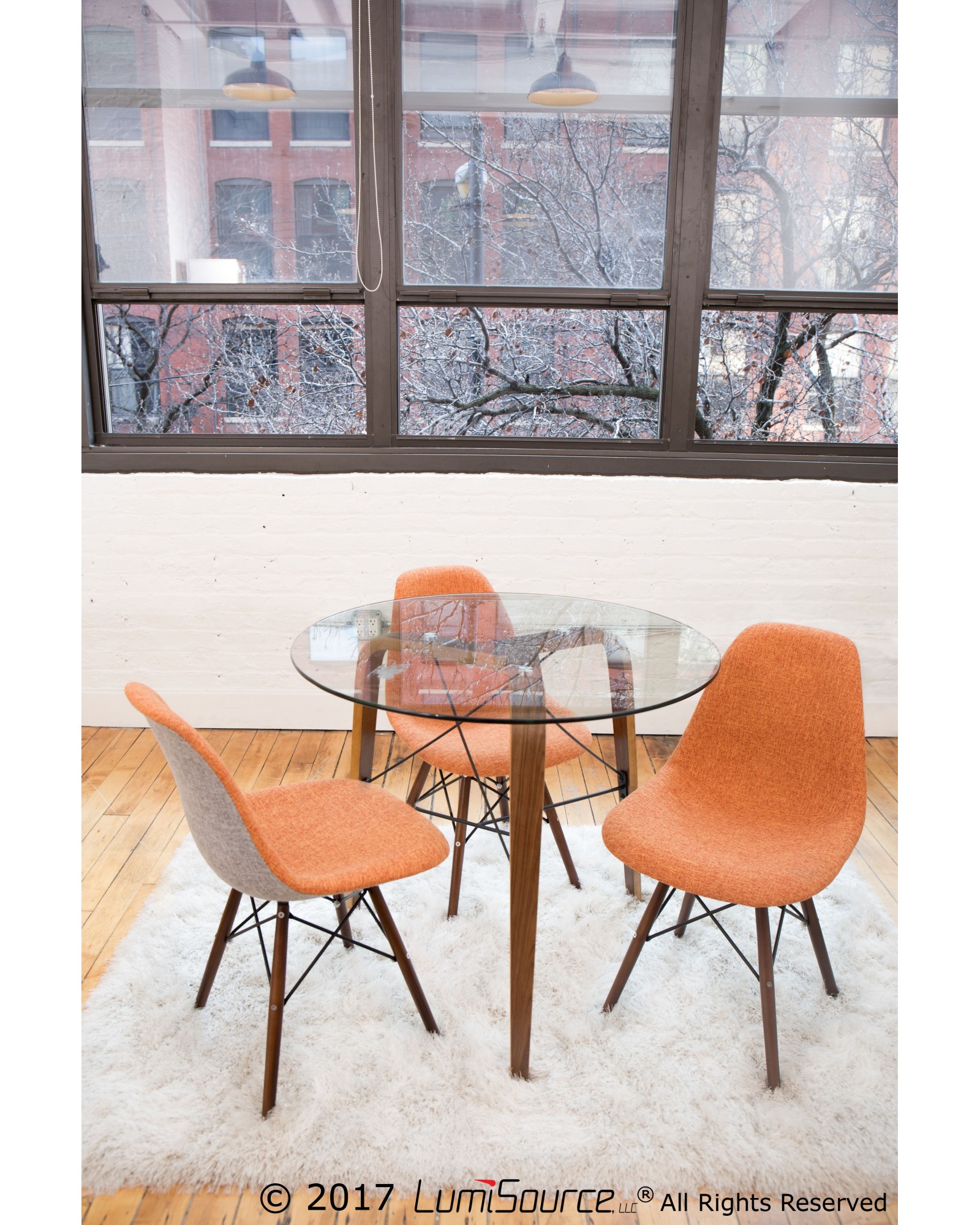 Trilogy Contemporary Round Dining Table in Walnut Wood and Clear Glass