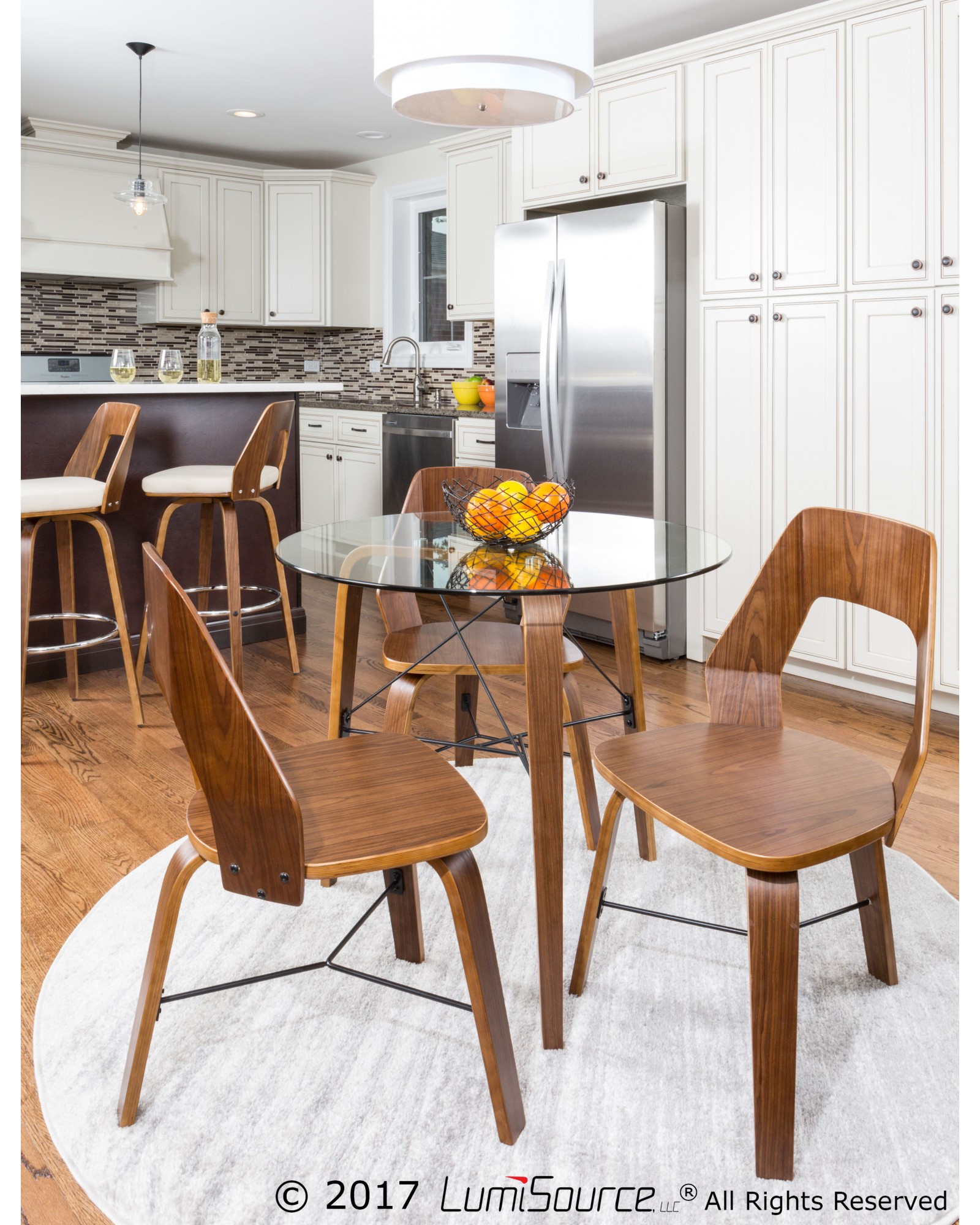 Trilogy Contemporary Round Dining Table in Walnut Wood and Clear Glass