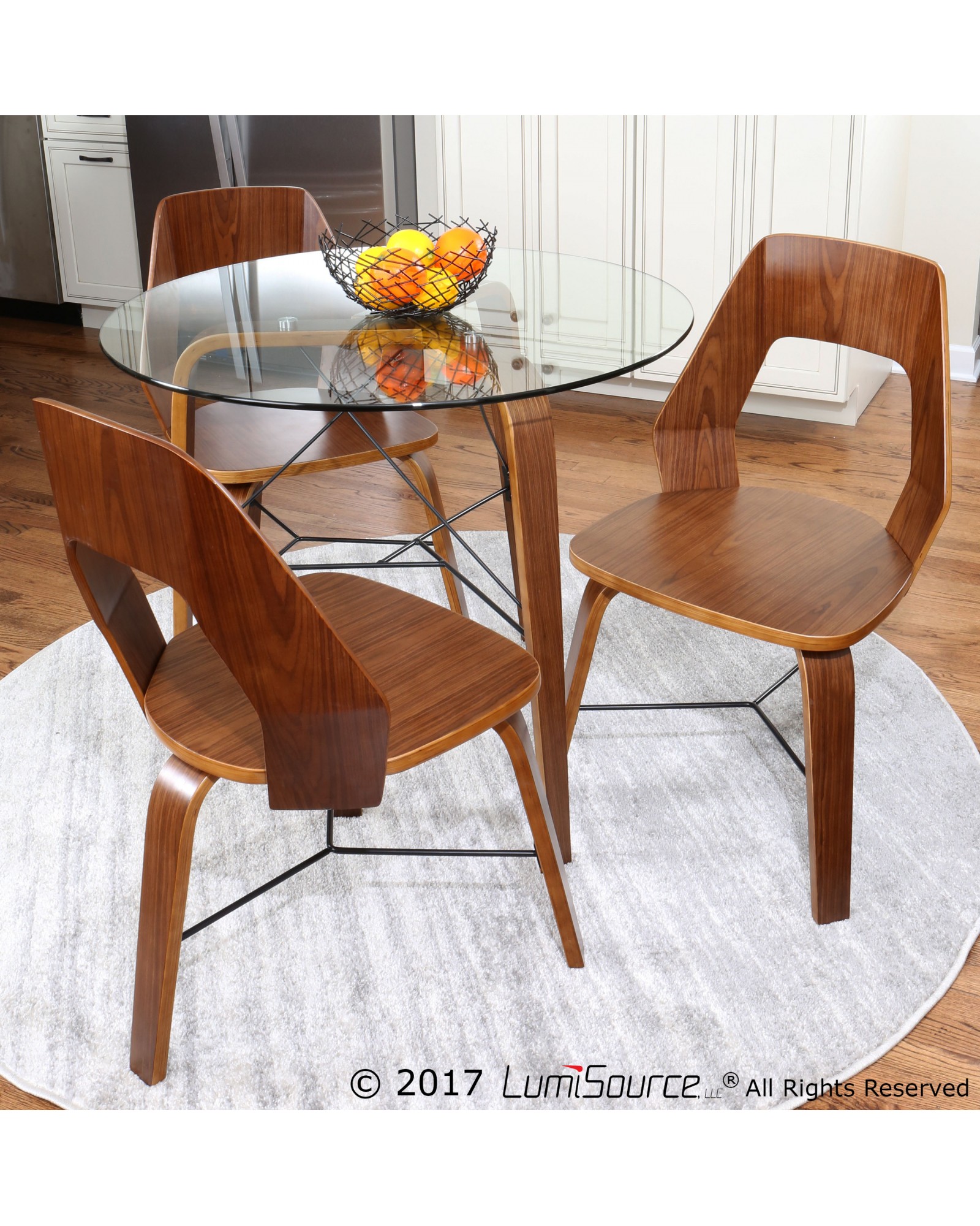 Trilogy Contemporary Round Dining Table in Walnut Wood and Clear Glass