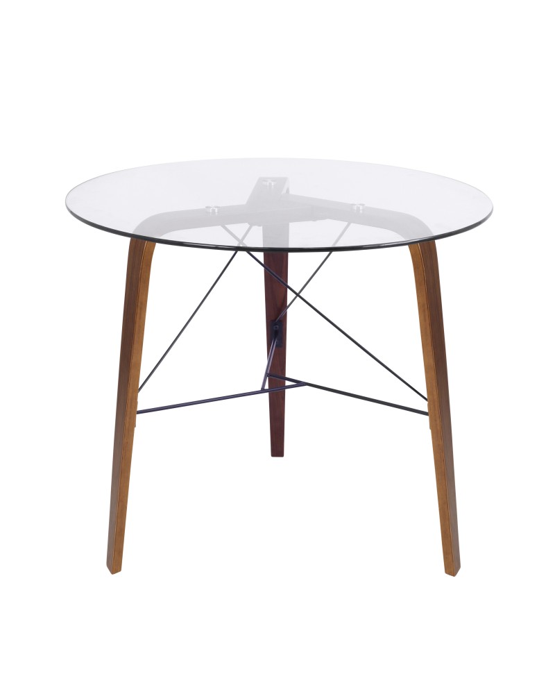 Trilogy Contemporary Round Dining Table in Walnut Wood and Clear Glass