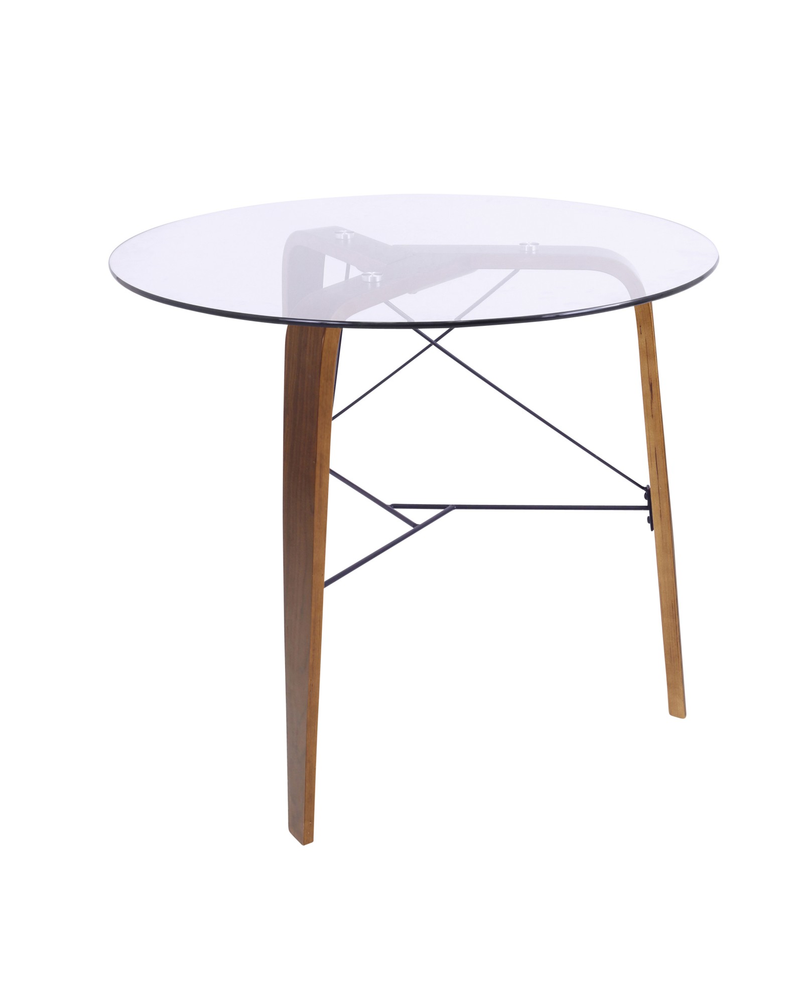 Trilogy Contemporary Round Dining Table in Walnut Wood and Clear Glass