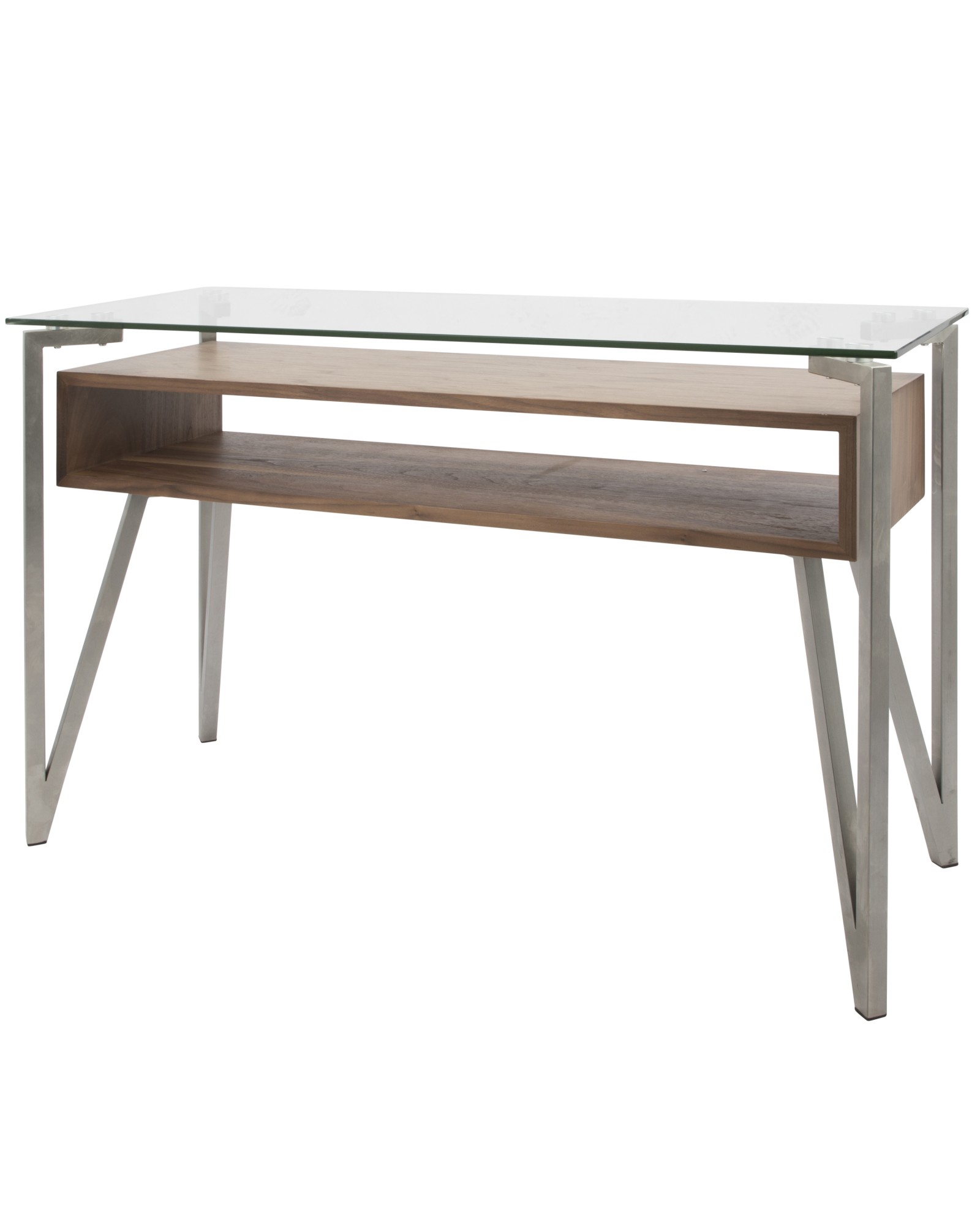 Hover Contemporary Console Table with Brushed Stainless Steel Frame, Walnut Wood Shelf, and Clear Glass Top