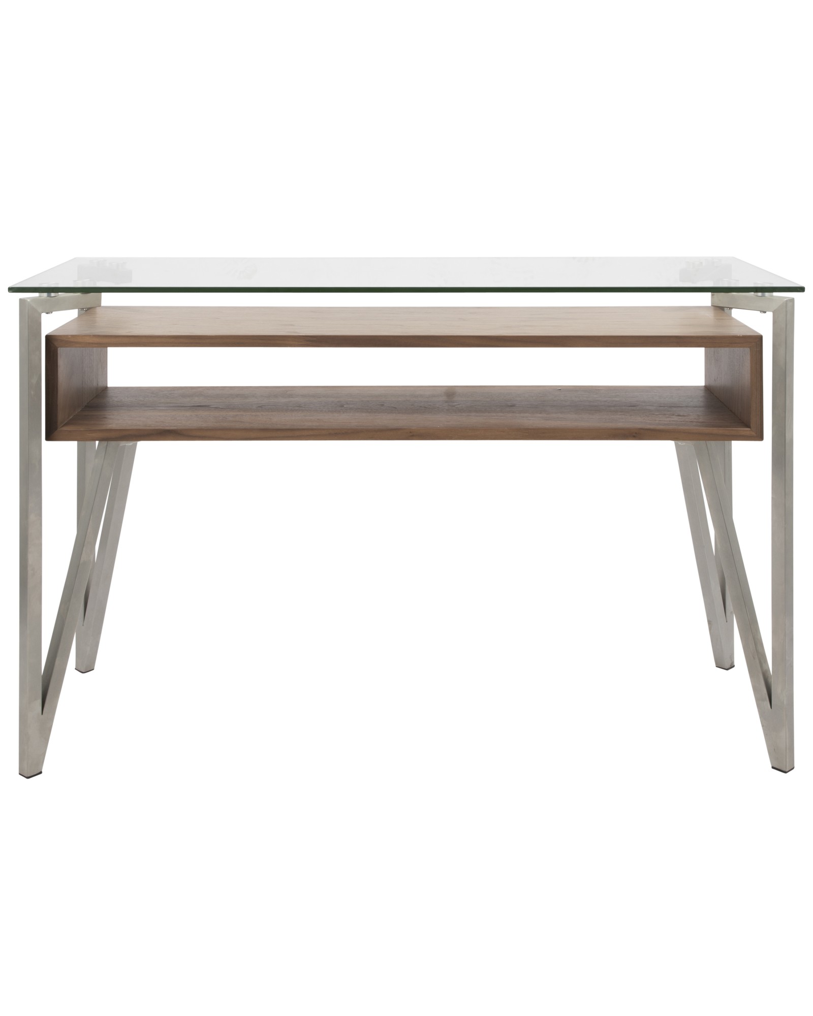 Hover Contemporary Console Table with Brushed Stainless Steel Frame, Walnut Wood Shelf, and Clear Glass Top