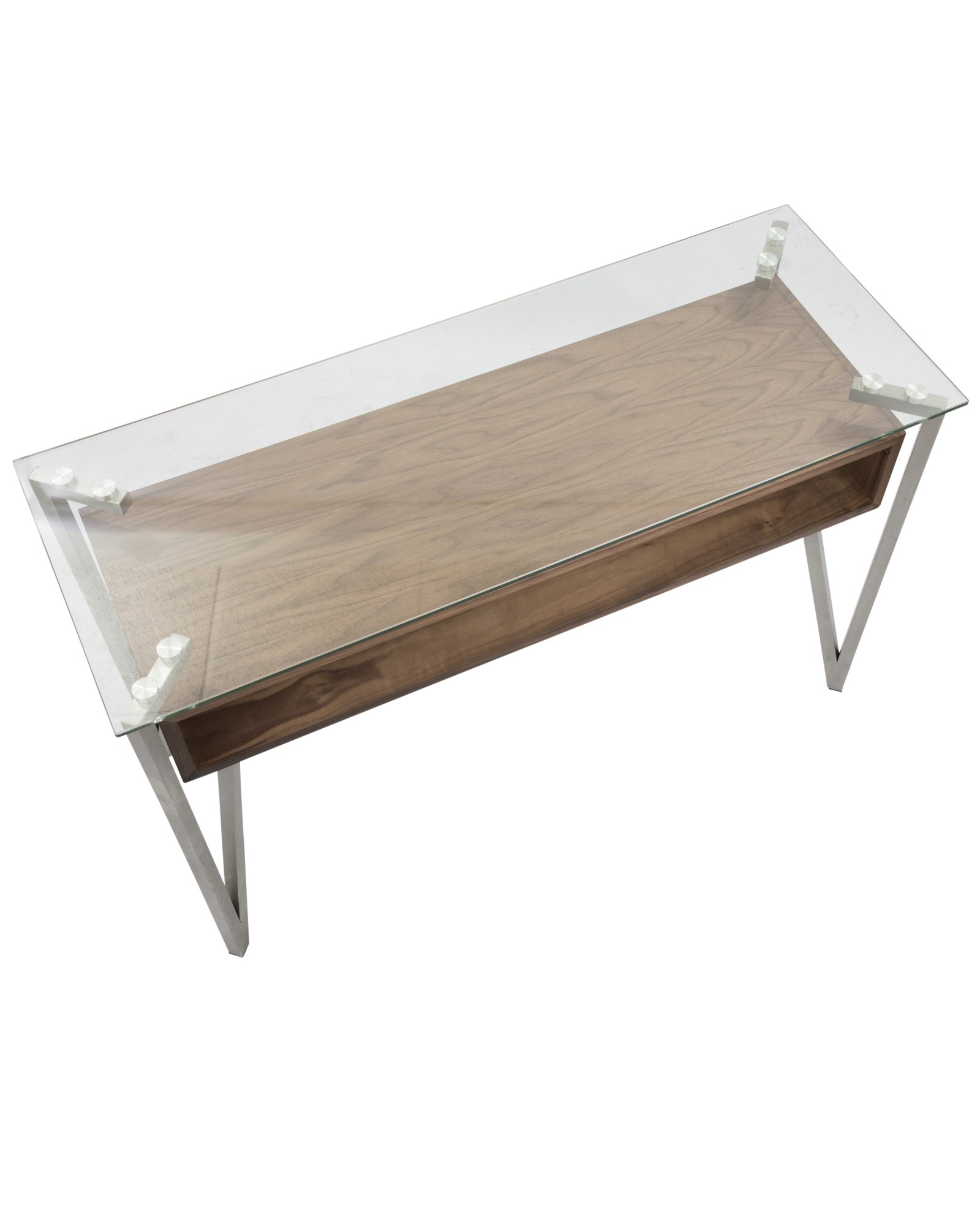 Hover Contemporary Console Table with Brushed Stainless Steel Frame, Walnut Wood Shelf, and Clear Glass Top