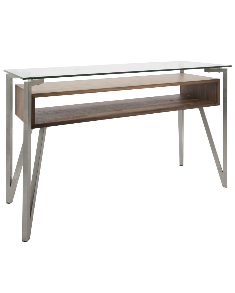 Hover Contemporary Console Table with Brushed Stainless Steel Frame, Walnut Wood Shelf, and Clear Glass Top