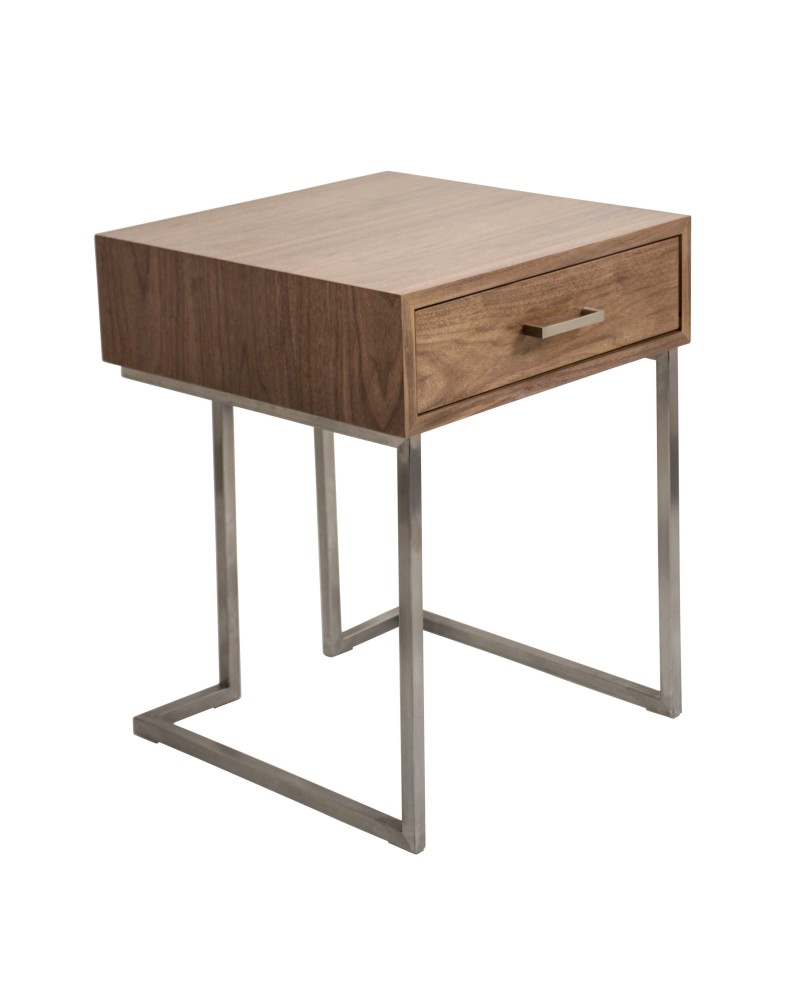 Roman Contemporary End Table in Walnut Wood and Stainless Steel