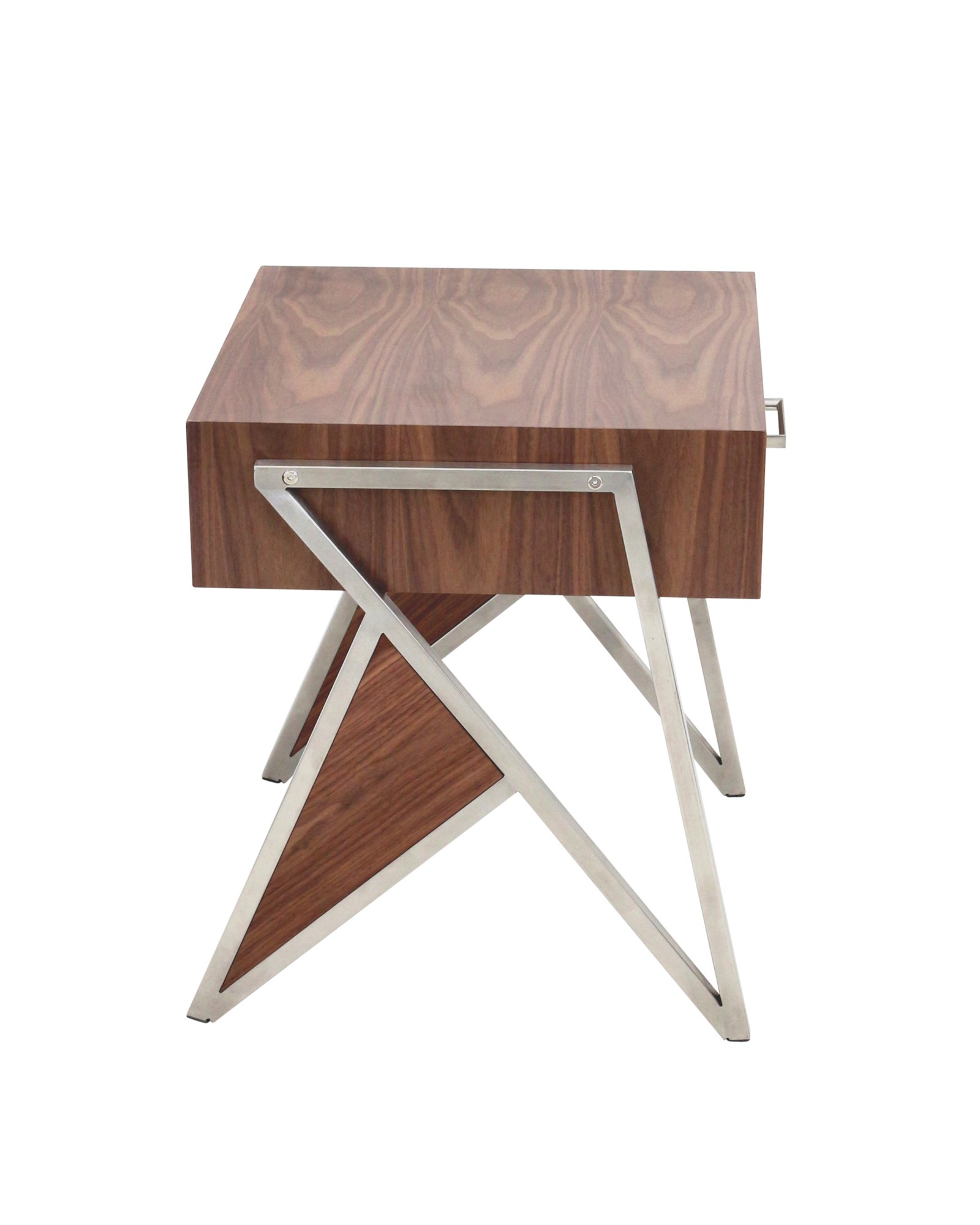 Tetra Contemporary End Table in Walnut Wood and Stainless Steel