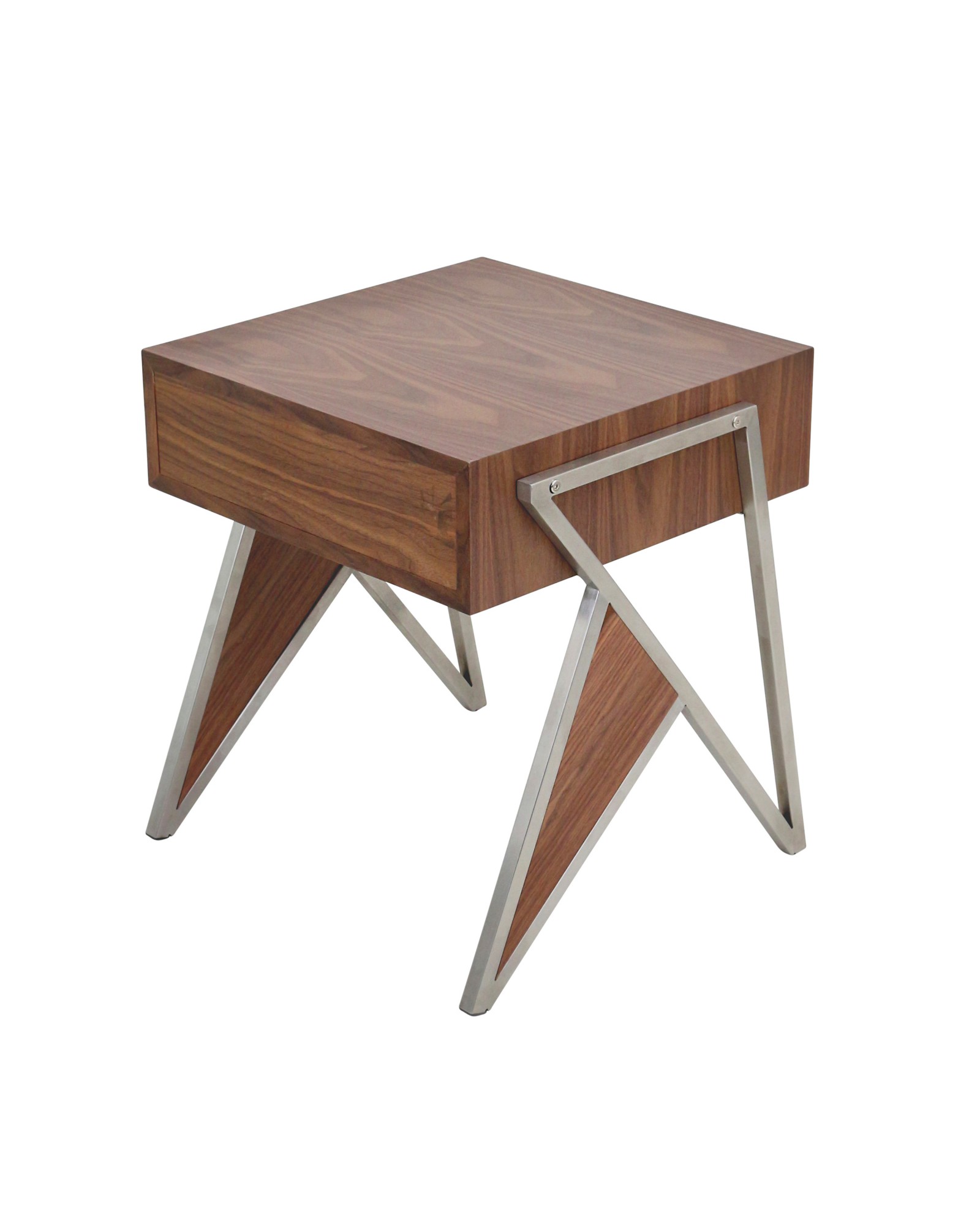 Tetra Contemporary End Table in Walnut Wood and Stainless Steel