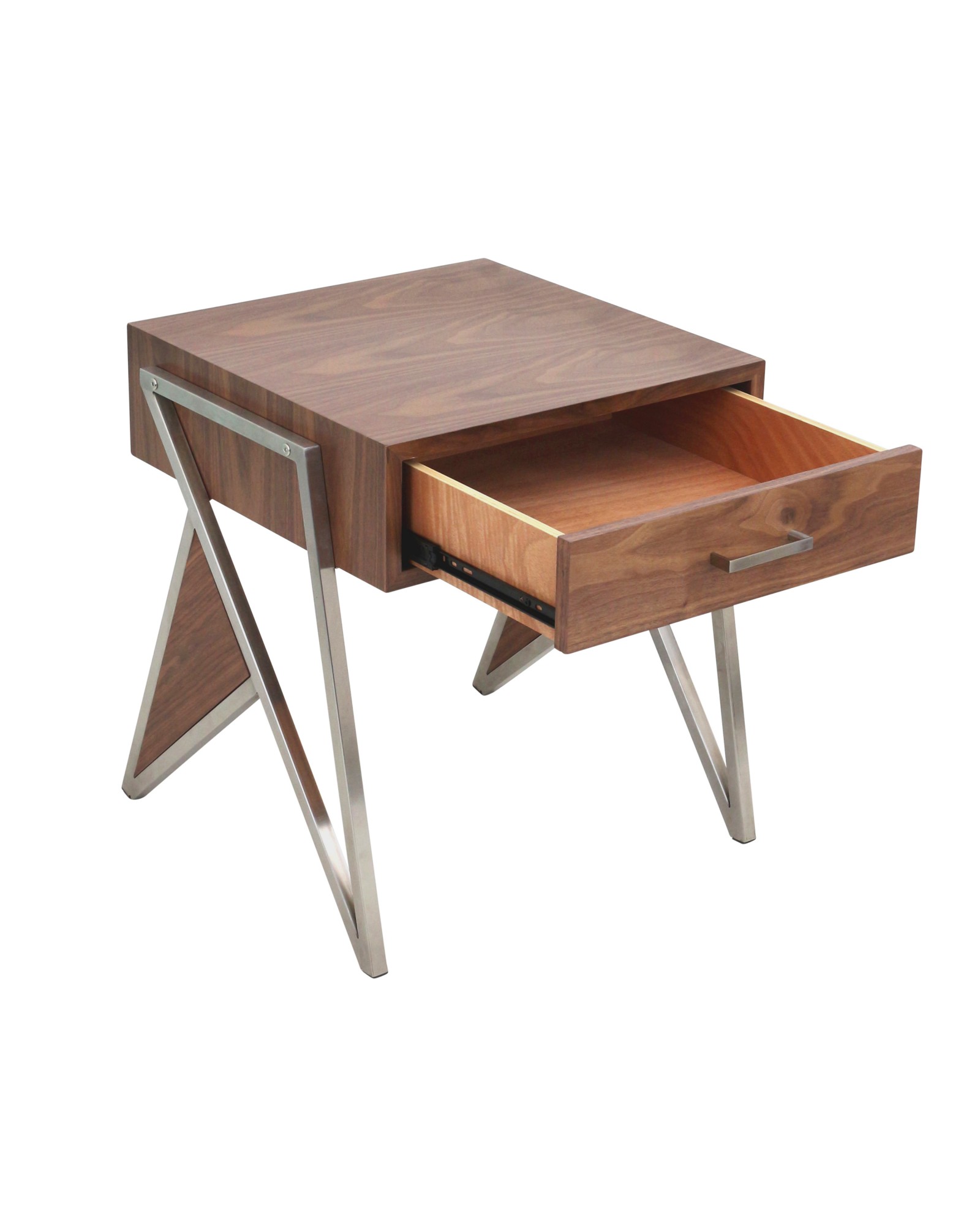 Tetra Contemporary End Table in Walnut Wood and Stainless Steel