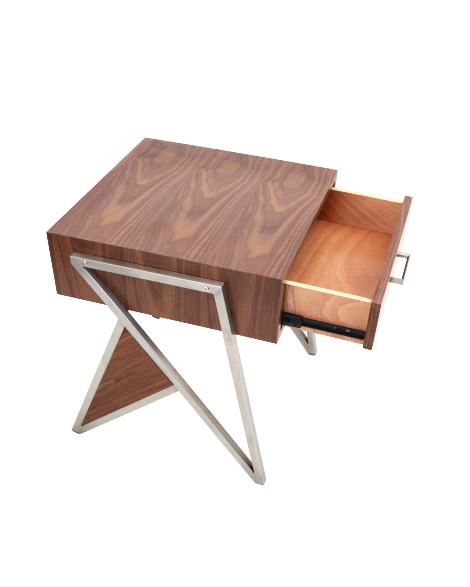 Tetra Contemporary End Table in Walnut Wood and Stainless Steel