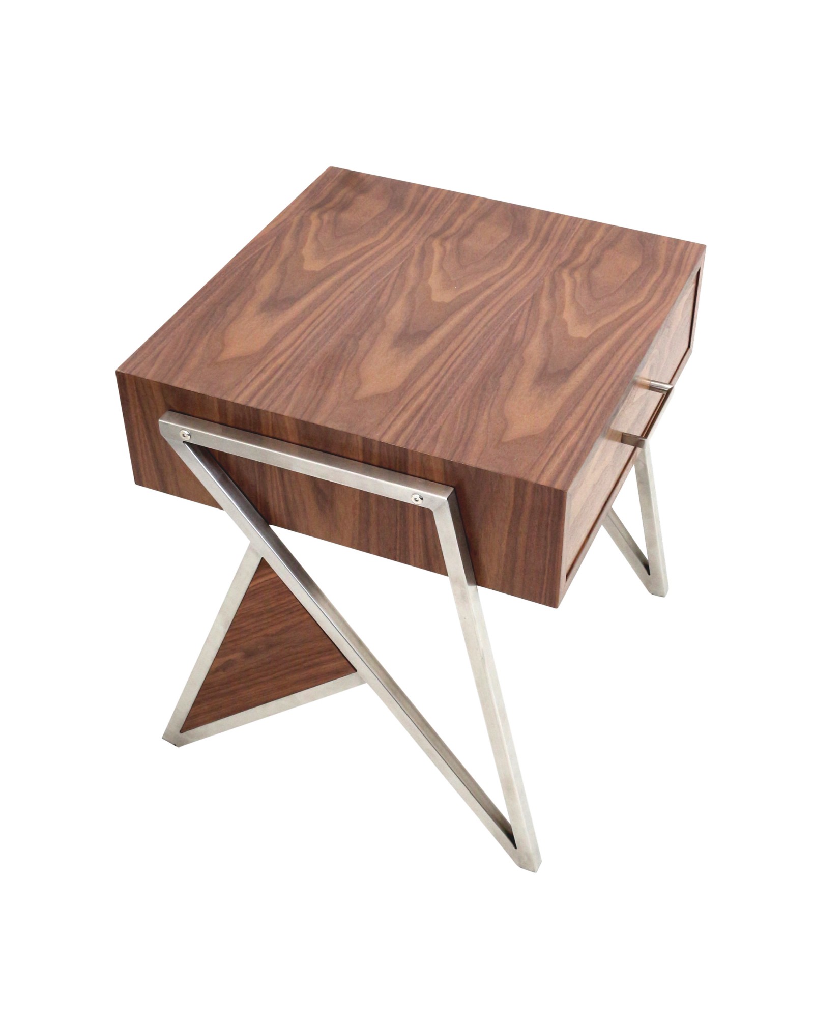 Tetra Contemporary End Table in Walnut Wood and Stainless Steel