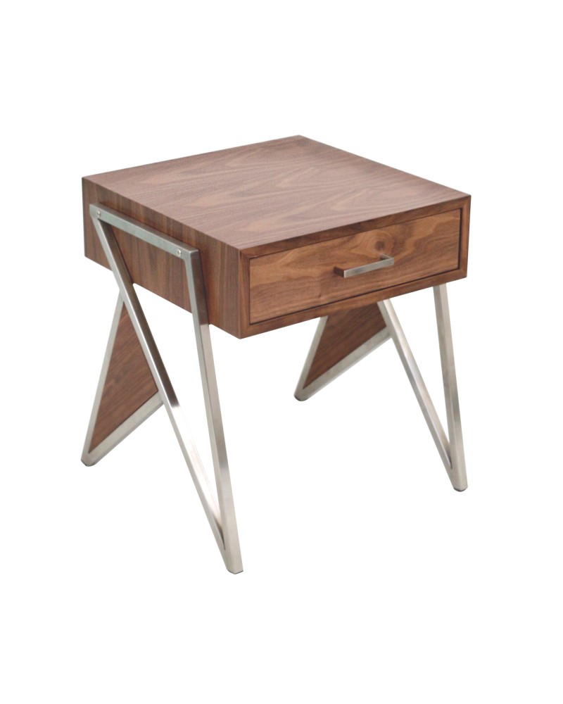 Tetra Contemporary End Table in Walnut Wood and Stainless Steel